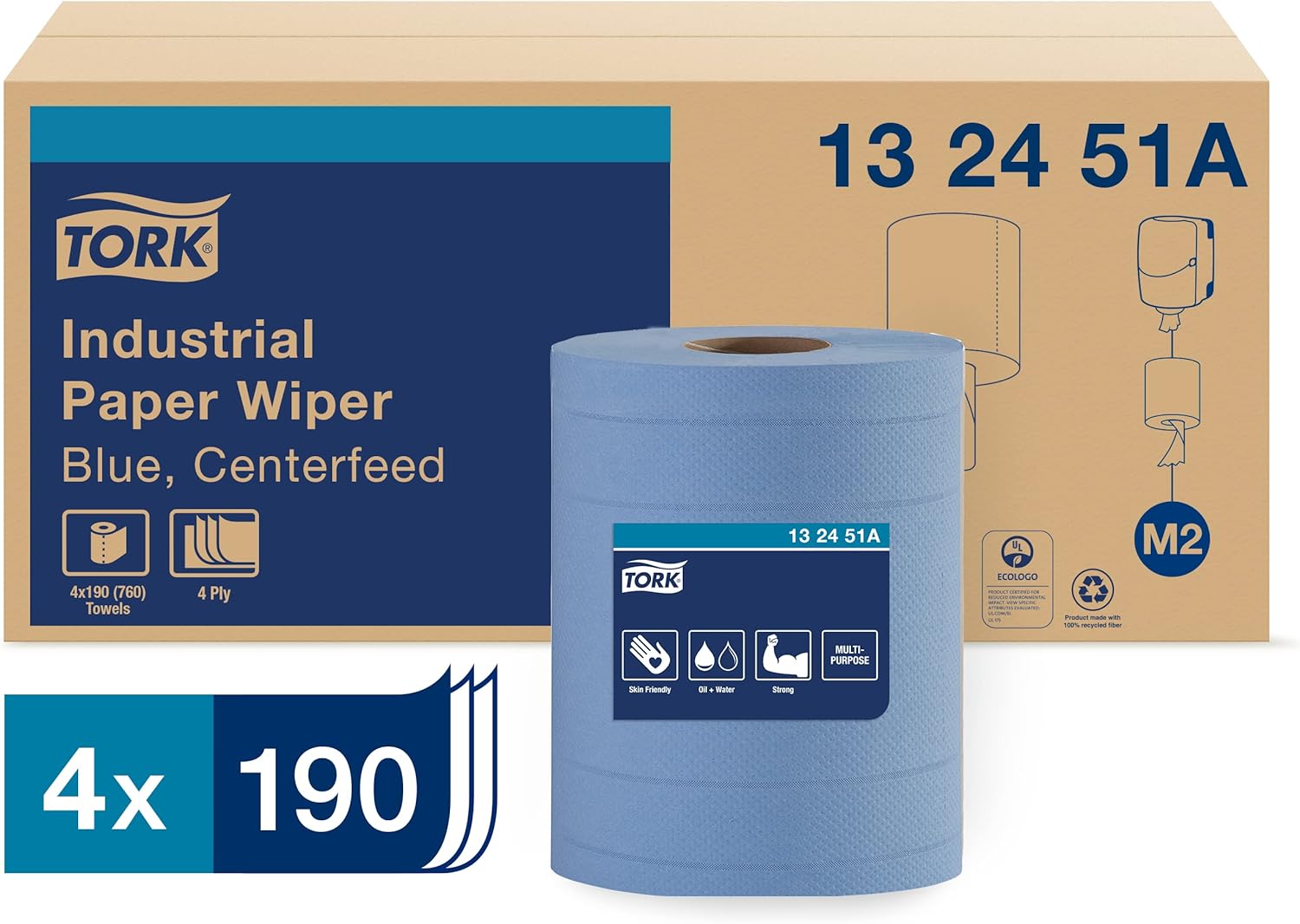 Wiper Paper Industrial Centerfeed Blue M2, High Absorbency, 4 x 190 Feet by Essity Professional Hygiene North America, LLC  ID 132451A